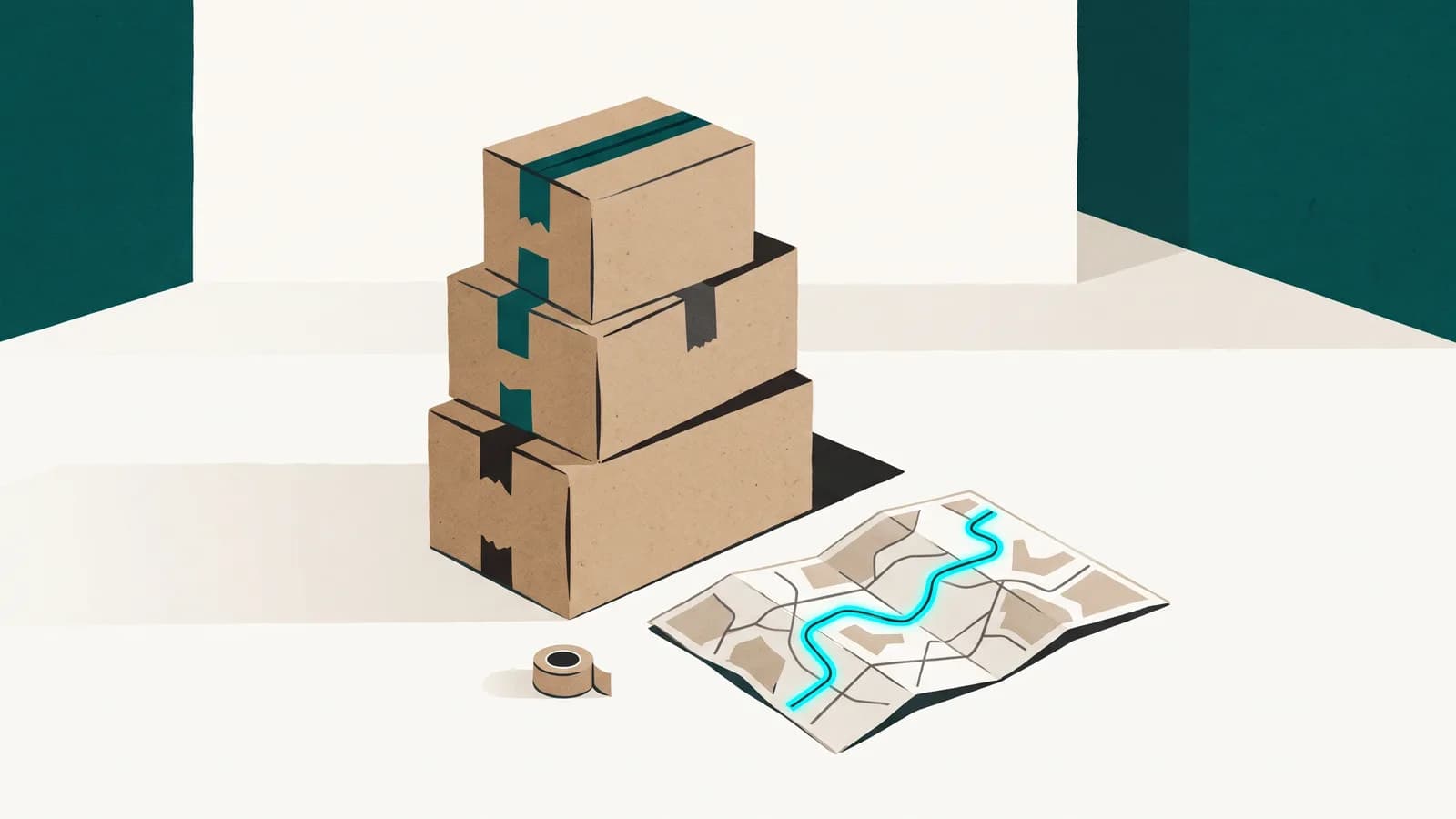 A stack of sealed moving boxes beside an unfolded paper road map with a long route marked across it