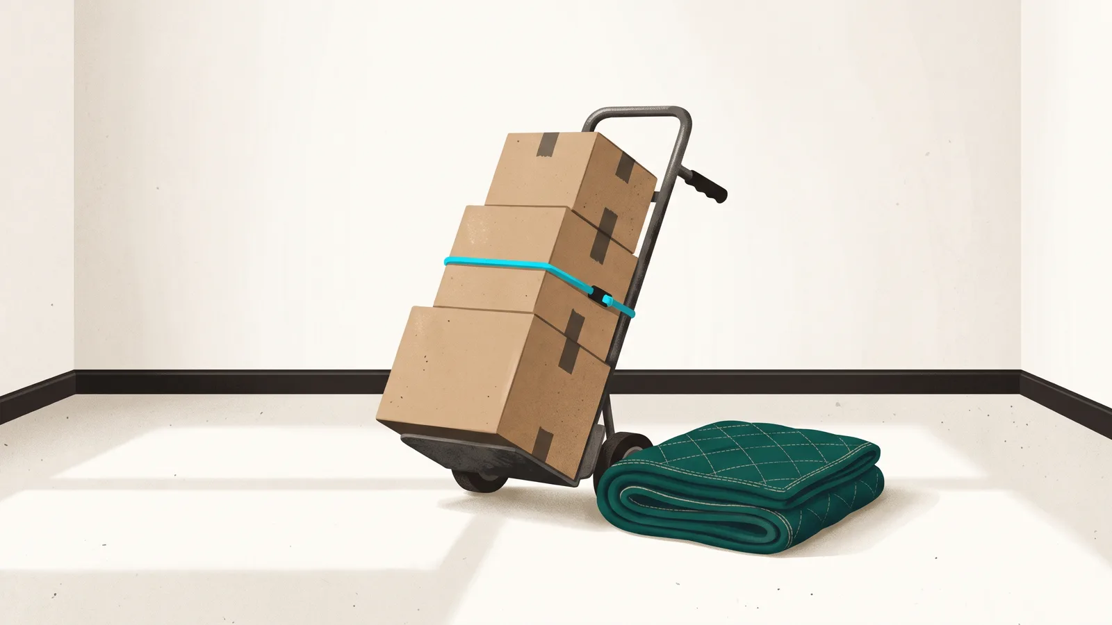 A moving dolly loaded with taped boxes beside a folded quilted furniture pad in an empty room