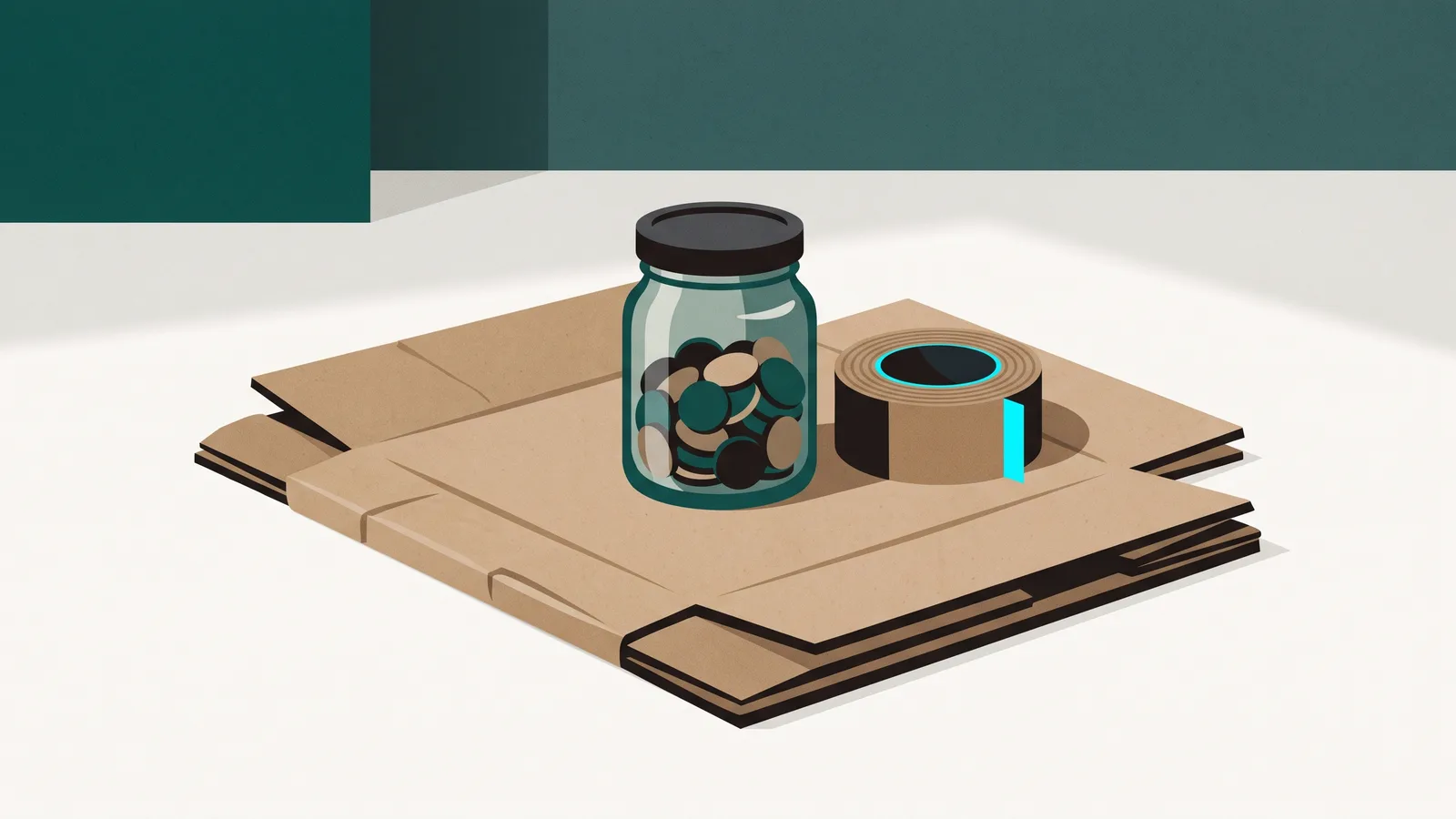A small glass jar of coins on a flattened cardboard box beside a roll of packing tape