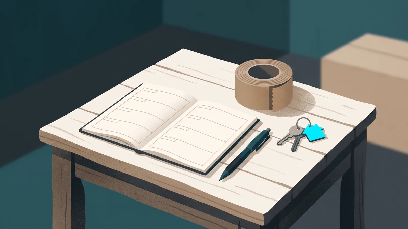 An open paper planner with empty ruled rows on a wooden table beside a pen, a roll of packing tape and a set of house keys