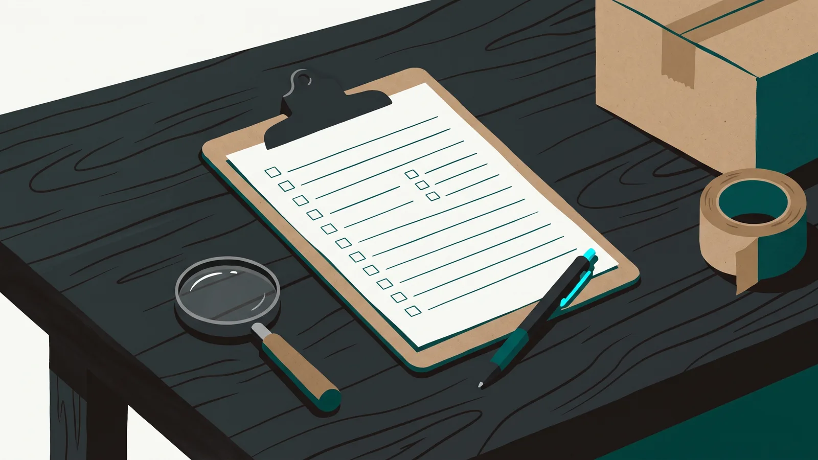 A clipboard holding a ruled paper form, with a pen and a magnifying glass resting on a wooden desk