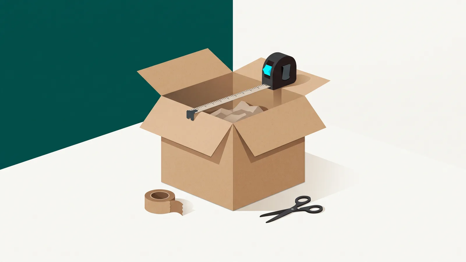 An open cardboard box with a retractable tape measure stretched along its top edge